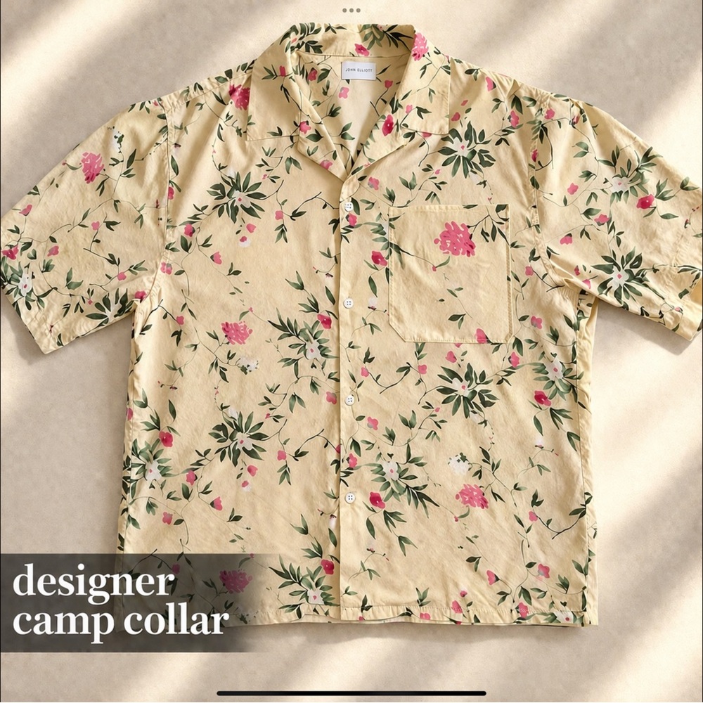 John Elliott Camp Collar Floral Shirt Size3 Luxury Vacation Designer Minimalist
